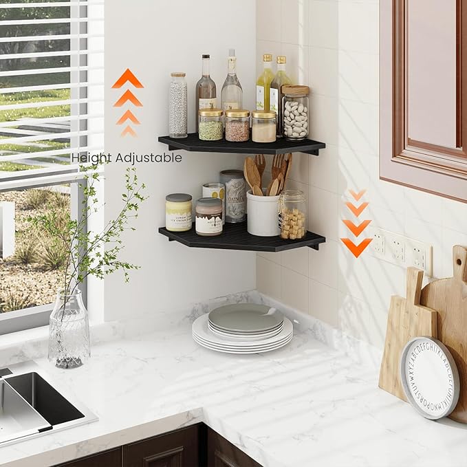 Homode Corner Shelf Wall Mount, Set of 2 Corner Floating Shelves with Wire Hole for TV, Cable Box, Wood Hanging Storage Shelf Organizer for Bathroom Kitchen Living Room Bedroom, Black