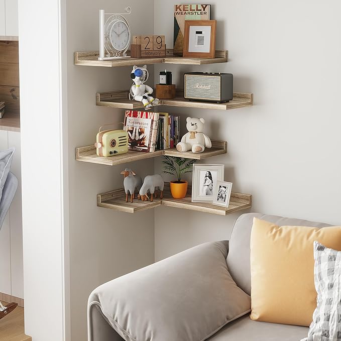 4 Tier Floating Corner Shelves - Set of 4 Rustic Wooden Floating Corner Wall Shelf with Cord Hole, L Shaped Corner Shelf Wall Mount for Bedroom,Living Room,Bathroom,Kitchen,Carbonized Black