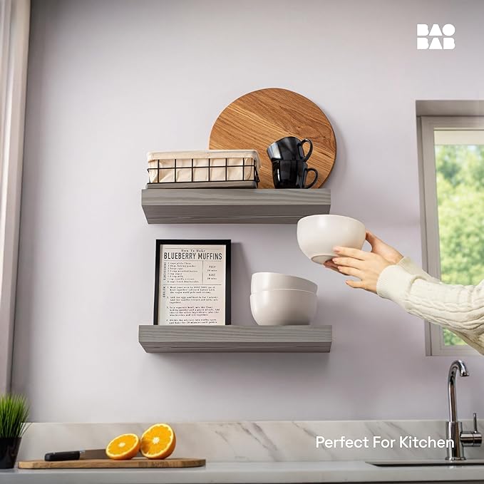 BAOBAB WORKSHOP Wood Floating Shelves for Wall - Rustic Shelf 16 inch - Grey Bathroom Shelves - Solid Wood Shelves for Wall for Bedroom Kitchen Living Room - Gray Shelves - 16 x 6.7 Inch, Set of 2