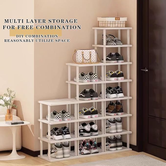 SAN HE 7-Tier Modern Bamboo Shoe Rack - Vertical, Slim, Space-Saving Shoe Organizer for Small Spaces, Closet, Entryway, Corner, Garage, Bedroom