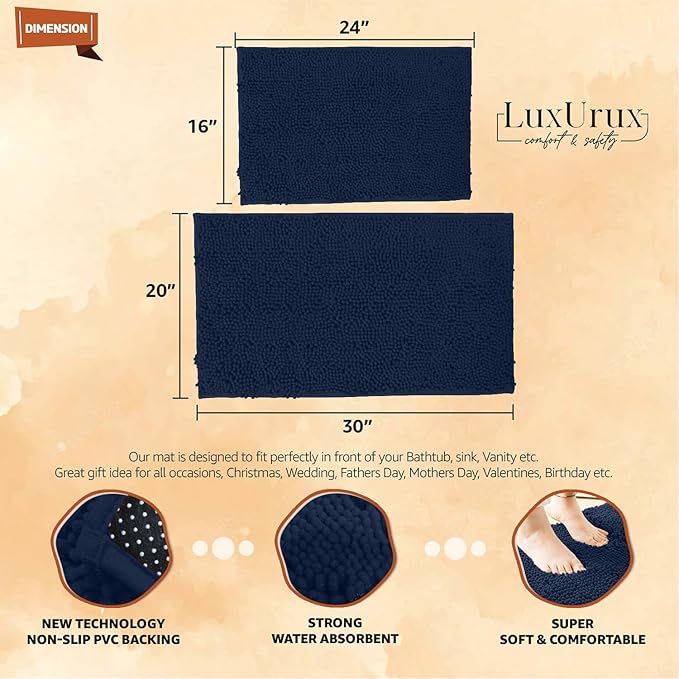 LuxUrux 2 Piece Bathroom Rug Set - Premium Plush Bath Mat Shower Rugs, 1" Chenille Microfiber, Non-Slip & Absorbent, Soft & Cozy, Durable Stylish (20x30 & 16x24 inches, Navy)