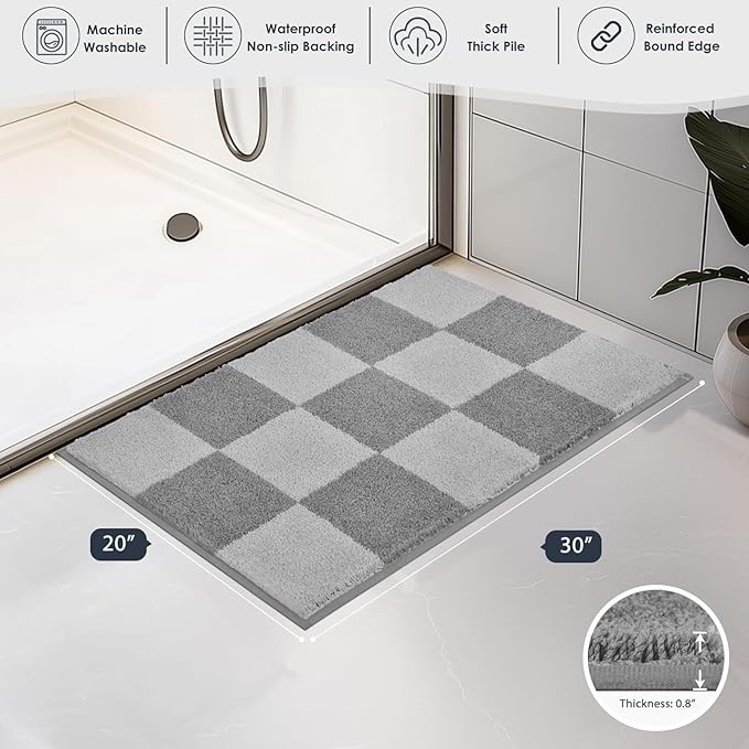 PURRUGS Bathroom Rug Non-Slip Machine Washable 20" x 30", Super Absorbent and Quick-Dry Bath Mat, Extra Soft and Plush Bath Rug for Shower, Bathtub and Sink, Light Grey & Grey
