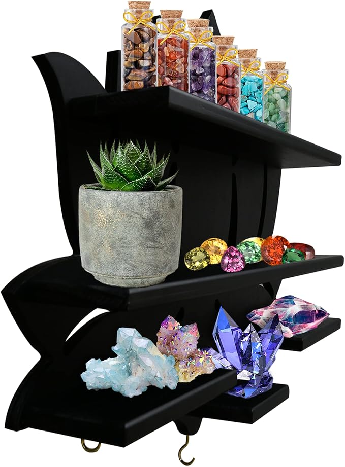 Chakral Wooden Lotus Flower Shelf for Crystals - Floating Crystal Display Shelf & Holder, Wall Decor for Bedroom Aesthetic, Pinewood (Black)