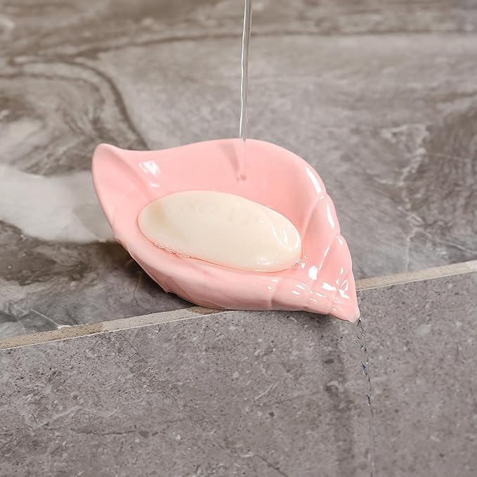 Sea-Shell Soap Holder, Ceramic Soap Tray with Self Draining, Soap Tray for Sink Washroom Bathroom Shower, Small Cute and Elegant Holder with Glaze, Easy Cleaning (White)