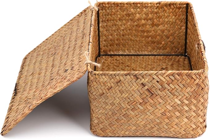 Yesland Handwoven Seagrass Rattan Storage Basket - 11.5'' x 7.5'' x 5'' - Brown Rectangular Makeup Organizer Container with Lid, Perfect for Decoration, Picnic, Groceries and Toy Storage