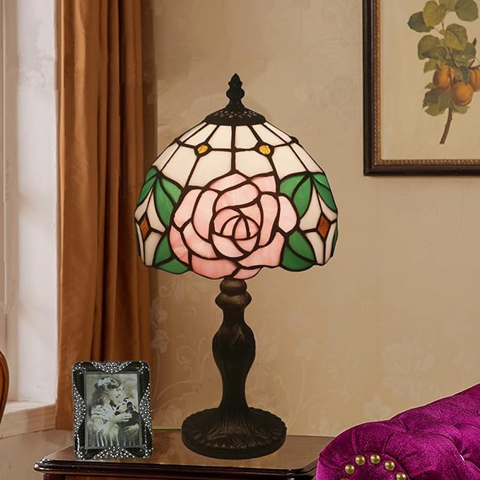 8" Tiffany Style Pink Rose Lamp,Tiffany Style Table Lamp for Girl Bedroom Bedside Lamps,Stained Glass Lamp,Lover Girlfriend Gift