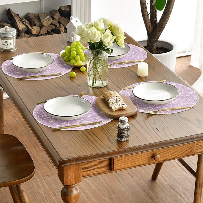 Artoid Mode Purple Flowers Floral Butterflies Spring Round Placemats Set of 4, 14 Inch Seasonal Round Table Mats for Dining Decoration