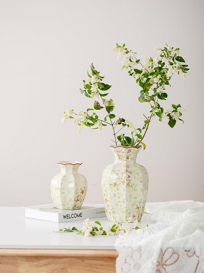 Blue and White Vase, Vintage Blue Ceramic Flower Vessel,Ceramic vases for Home Decor,Vintage Green and Beige for Console Table Mantle Chinoiserie Decor (Green and Beige-01, Large)