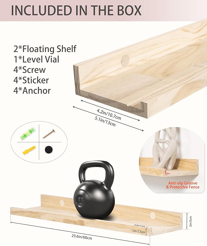 24 Inch Natural Pine Wood Floating Shelves for Bedroom, Wide Picture Ledge Set of 2, Wall Mount Unfinished Shelf Can be Stained Nursery Book Shelves for Kids Bedroom Living Room Bathroom Kitchen