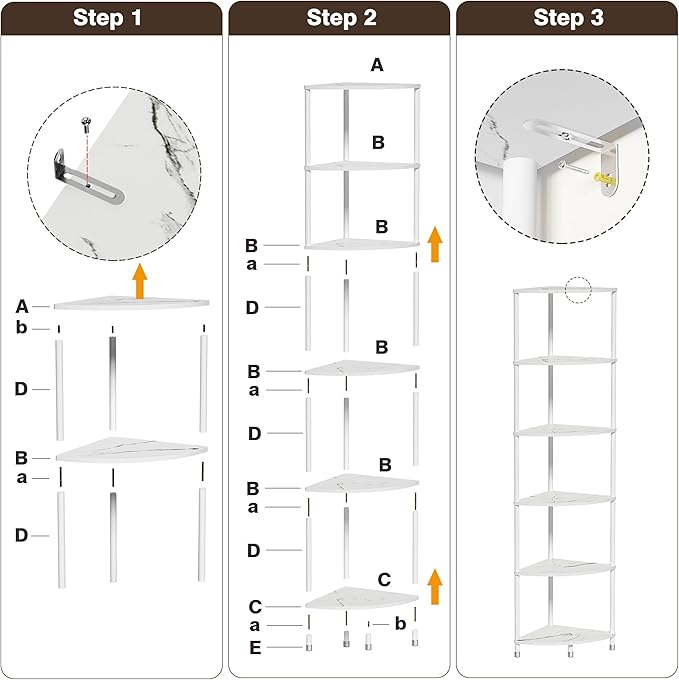 6 Tier Corner Shelf Stand, 54.4" Kitchen Shelf Organizer with Metal Frame, Small Corner Shelf for Organization & Storage, Marble White Corner Shelf for Kitchen Decor Accessories