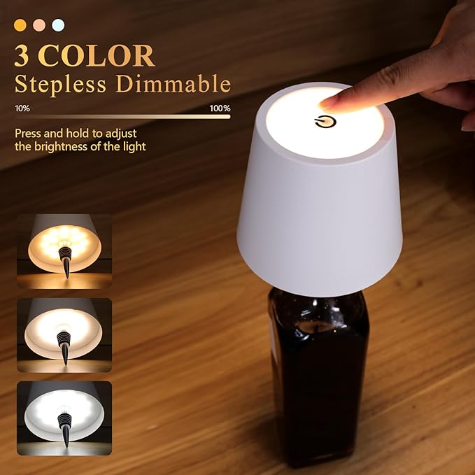 Wireless Bottle Lamp Shade,Rechargeable LED Portable Cordless Table Lamp, 3 Colors Stepless Dimming Touch Wine Bottle Lights for Outdoor Bars Dining Bedroom (White)