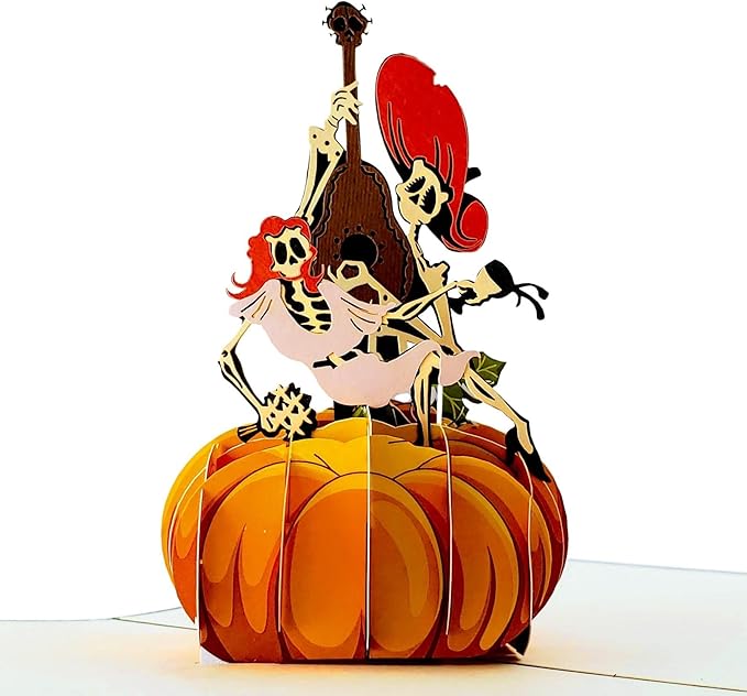iGifts And Cards Day of the Dead Pop-Up Card – 3D Música de Calacas on Pumpkin – 6" × 8" Laser-Cut Greeting for Día de los Muertos, Remembrance & Celebration