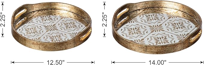 Glitzhome Set of 2 Large Gold Mirror Decorative Trays with Handles, Round Abstract Vanity Jewelry Perfume Tray Dresser Tray, Vintage Jewelry Organizer Makeup Trays