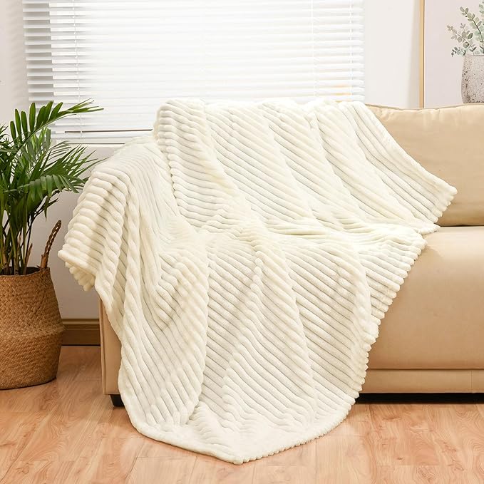 Bnuitland Ivory Flannel Throw with Storage Pouch,300GSM Super Soft Fleece Stripe Pattern Sofa Blanket for Adults and Kids, Lightweight Cozy Bed Throw for Home Decor All Season