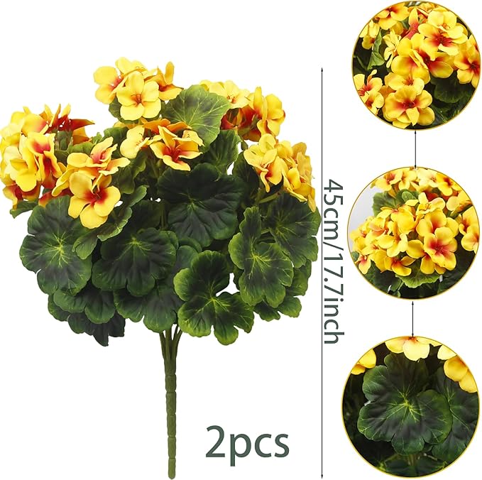 2 Pcs Artificial Geraniums for Outdoor Silk Geranium Flowers Yellow Artificial Geranium Bush Faux Flowers Geraniums Branch for Garden Patio Grave Cemetary Vase Table Centerpiece Indoor Decor