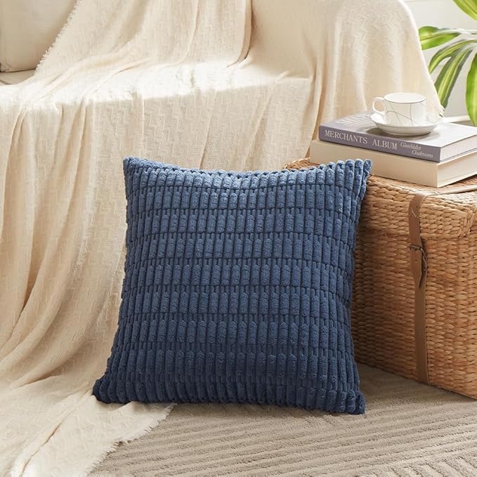 Fancy Homi 4 Packs Dusty Blue Decorative Throw Pillow Covers 16x16 Inch for Living Room Couch Bed Sofa, Rustic Farmhouse Boho Home Decor, Soft Plush Striped Corduroy Square Cushion Case 40x40 cm