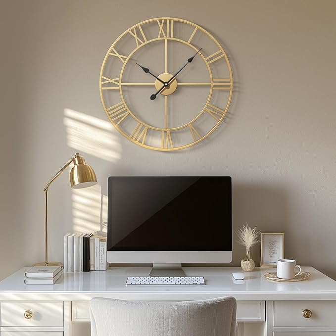 Gold Wall Clock, 24 Inch Large Wall Clock for Living Room Kitchen Mantel, Completely Silent Non Ticking Battery-Operated Metal Round Luxury Decorative Modern Clock - Roman Number