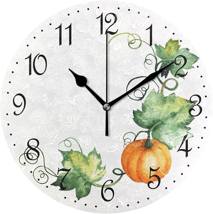 ALAZA Wall Clock Watercolor Pumpkin Leaves Silent Non-Ticking Decorative Wall Clocks Battery Operated 10 Inch for Home Living Room Kitchen Bathroom Bedroom