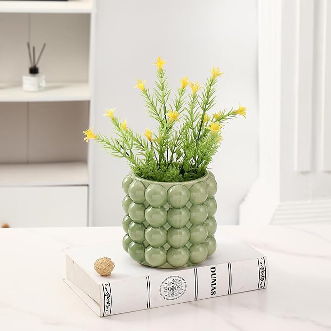 Bubble Vase, Small Vase, Green Ceramic Vase, Short Vase, Ceramic Flower Vase, Unique Vase Home Decor, Decorative Vase for Flowers, Living Room, Bedroom, Office, Shelf, Coffee Table, 5 Inches