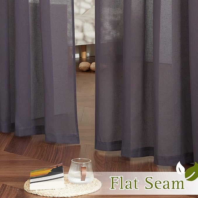 NICETOWN Linen Curtains for Bedroom, Grommet Semi Sheer Privacy with Light Filtering Curtains & Drapes Window Treatment for Bedroom Girls, Purple Brown, W52 x L63, 1 Pair