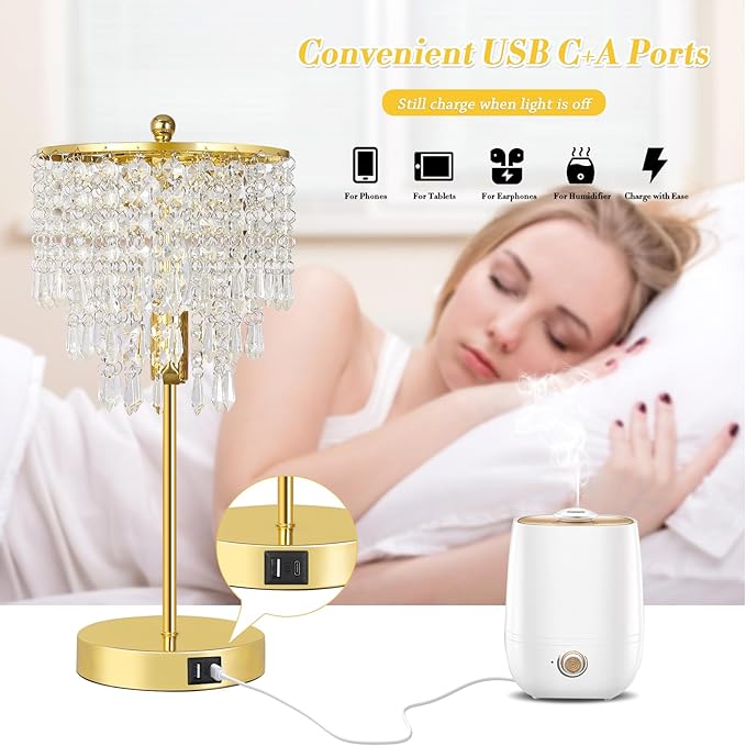 Touch Control Crystal Table Lamp with USB C+A Ports, 3-Way Dimmable Gold Lamp, Bedside Light with Crystal Shade, Girls Lamp for Bedroom, Living Room, Teens Room, Dresser, 6W LED Bulb Included