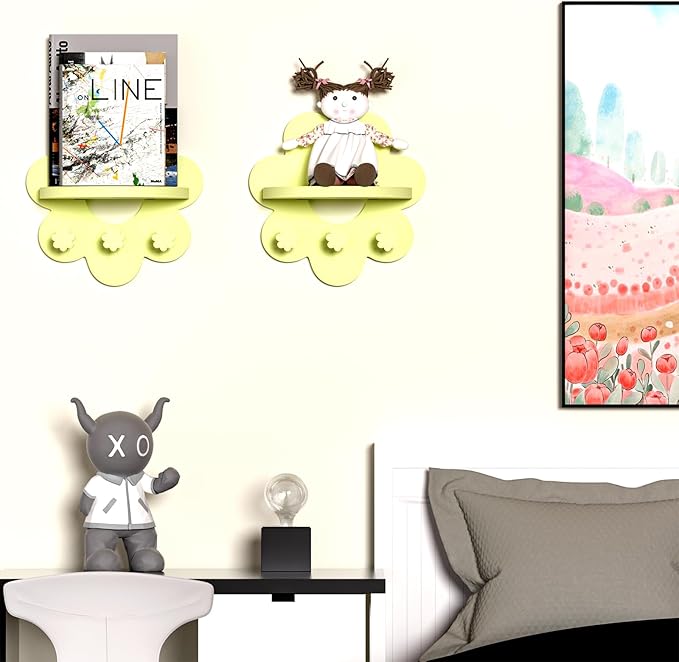 Floating Shelf for Wall, Hanging Display Wall Shelf with Hooks Wooden Daisy Flower Shelf for Bathroom Living Room Bedroom Wall Decor, (Light Yellow)