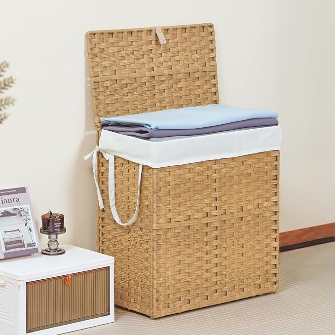 Sweetcrispy Foldable Laundry Hamper–Large Capacity Clothes Basket with Lid, 29.1 Gallon (110L) Bin for Bedroom, Bathroom, and Wash Room–Double Insert Storage Organizer, Goose Yellow