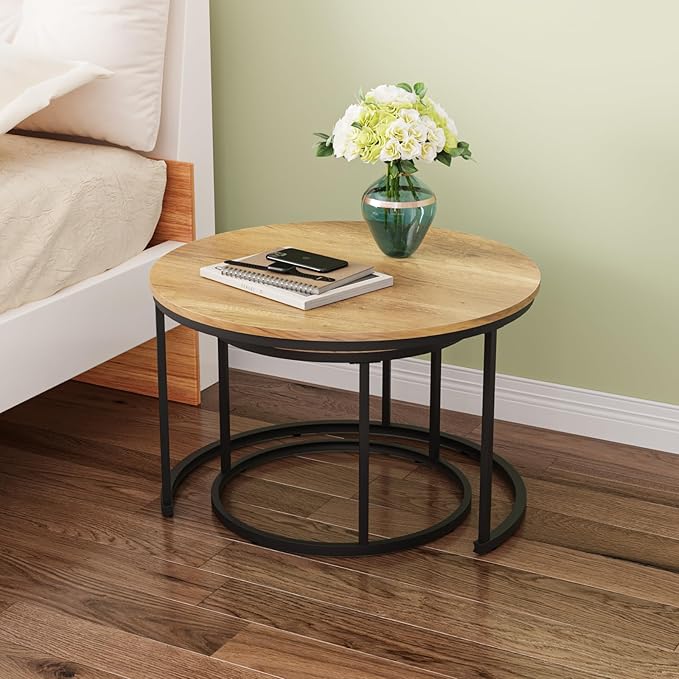 Smuxee Nesting Coffee Table Set of 2, 27.6" Round Coffee Table Wood Grain Top with Adjustable Non-Slip Feet, Industrial End Table Side Tables for Living Room Bedroom Balcony Yard