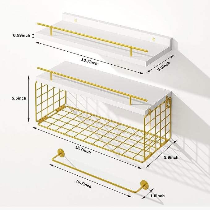 Fixwal 3-Tier Floating Shelves for Wall, Bathroom Shelves with Towel Rack & Wire Storage Basket, Modern White & Gold Shelves, 20 lbs Weight Capacity