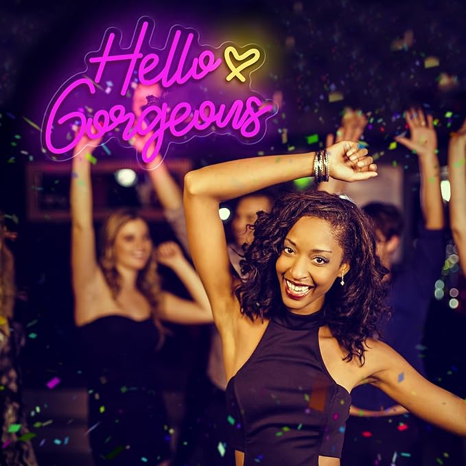 Hello Gorgeous Neon Sign, Hello Led Neon Sign for Home Wedding Birthday, Hello Beautiful LED Neon Lights Party Decorations(Adjustable Brightness)