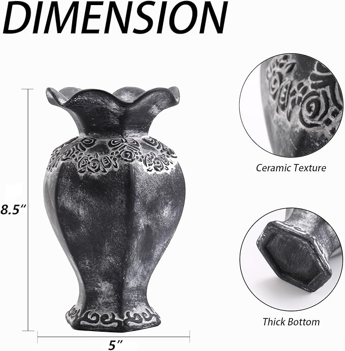 Black Ceramic Vase, Terracotta Vase for Decor, Rustic Farmhouse Vases, Vintage Pottery Vases for Living Room, Bedroom, Kitchen, Office, Dining Table, 8.5 Inches