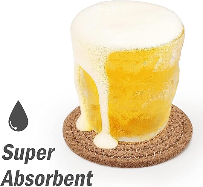 ABenkle 8 Pcs Drink Coasters with Holder, Cotton Woven Absorbent Coasters for Drinks, Minimalist Home Decor Coaster Set for Wooden Tabletop Protection Table, 4.3 inches Brown