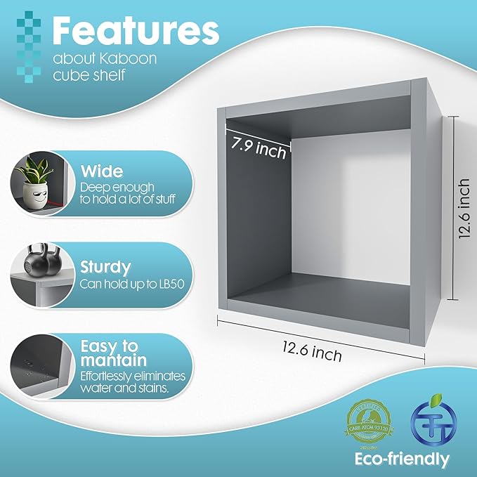 Kaboon Cube Floating Shelves Set2, Display Shelves Wall Mount 7.75" D x 12.5" W x 12.5" H, (Gray, Square 2 Cubes)