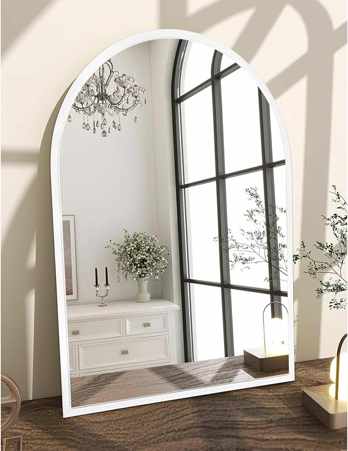 Arch Wall Mirror Bathroom Mirror White Metal Framed Mirror, Arched Metal Wall Mounted Vanity Mirror for Bedroom, Entryway, Living Room 26"x18"