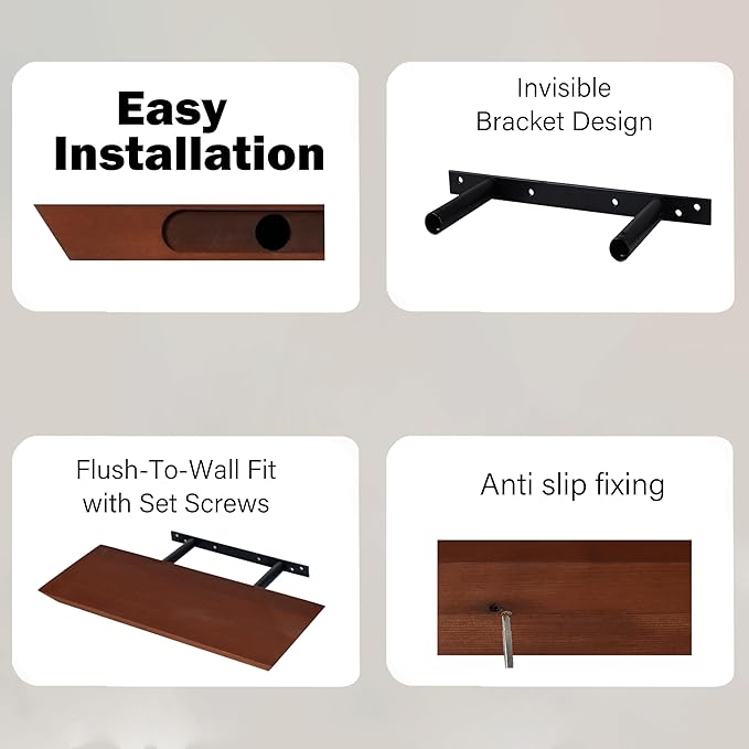 Wood Floating Shelves for Wall Set of 3, Wall Mounted Shelves for Living Room, Floating Wall Shelf for Bedroom, Bathroom, Room Decor, Brown