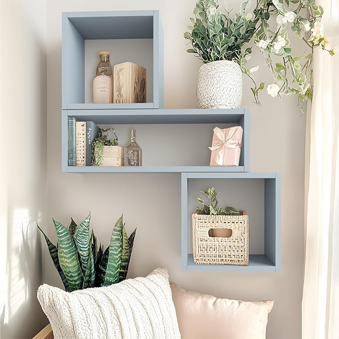 Kaboon 24in Floating Cube Shelves Set of 2, Display Shelves Wall Mount, Decorative Hanging Shelves for Kitchen Living Room Office,(Grayish Blue, Rectangle 2 Cubes)