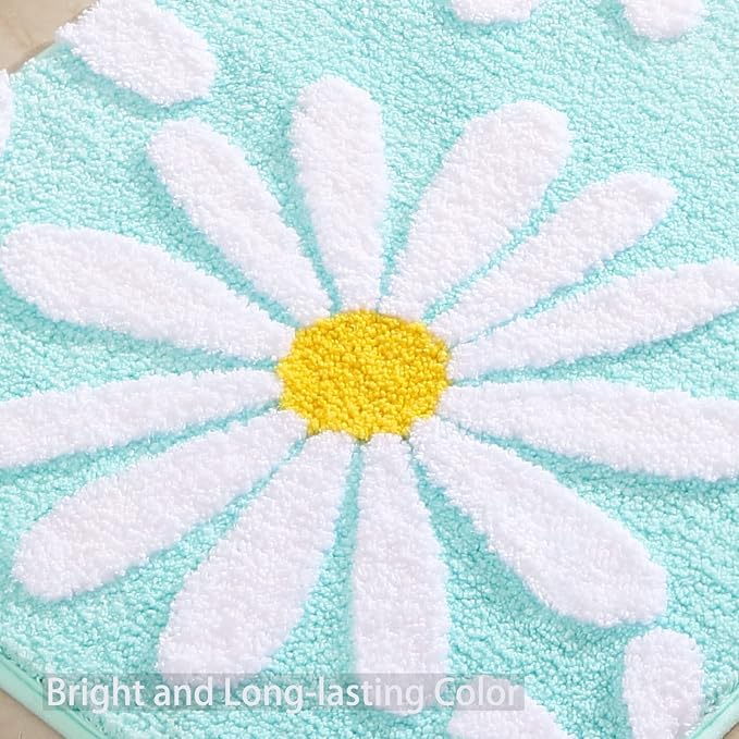 QJHOMO Green Bathroom Rug Cute Daisy Bath Mat White and Yellow Flower Decor Rugs Non Slip Floor Carpet Microfiber Bathmat Super Absorbent Machine Washable Bathtub Mats for Shower (24x48 inch)