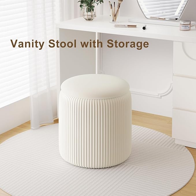 Round Ottoman with Storage Set of 2, White Vanity Stool, Upholstered Velvet Storage Ottomans, Makeup Chair Seat for Bedroom, Small Pouf Footstool for Living Room