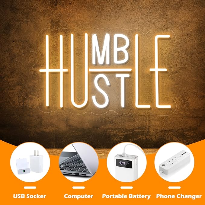 Hustle LED Neon Sign for Wall Decor, Humble Party Decorations, USB Powered Switch Adjustable Brightness LED Neon Lights, for Office Room, Gym Room, Man Cave Decor (Yellow&White)