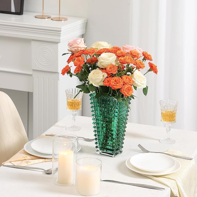 MCMCNCUIU Crystal Vase, Large Crystal Vases for Flowers, Large Flower Vase, Modern Green Vases for Living Room, Bedroom, Kitchen, Dining Table, Mantle, Wedding, 9 Inches