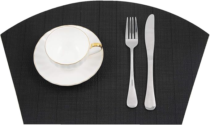 SHACOS Small Round Table Placemats Wedge Placemat Set of 4 Non Slip Heat Resistant Woven Vinyl Table Mats Wipe Clean Indoor Outdoor (4, Black)