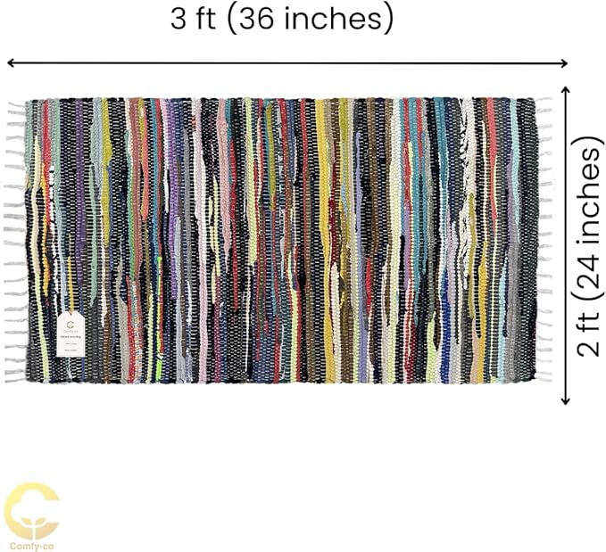 Cotton Chindi Rug with Fringes - Handcrafted Area Rag - Reversible Floor Rug for Bedroom, Living Room, Kitchen, Dorm, Entryway, Hallway - 2x3 ft (24x36 inch) Multi Colored