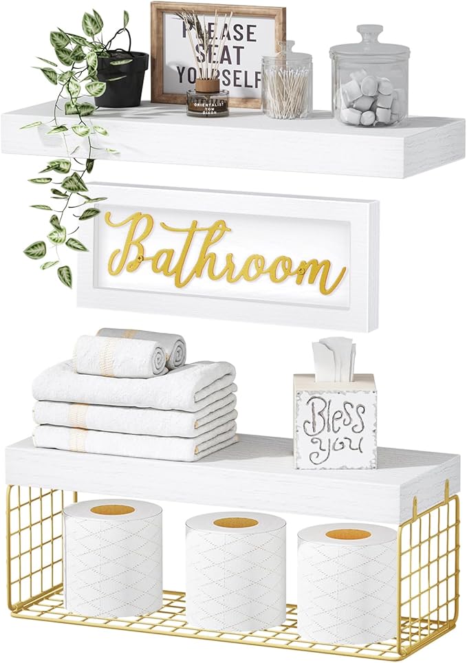 QEEIG Bathroom Shelves Over Toilet - Paper Storage Wall Mounted Farmhouse Decor Decorations Aesthetic Décor Sign Small Floating Shelf 2+1 Set 16 inch, White and Gold (020WG)