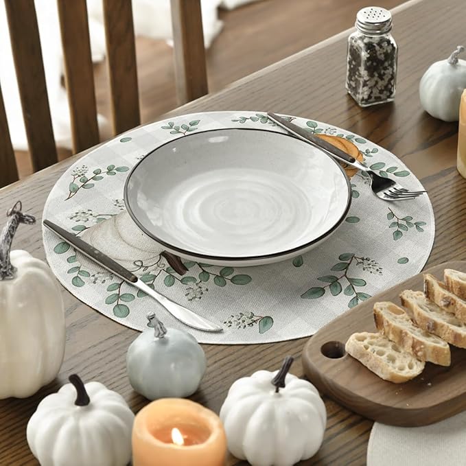 Artoid Mode Orange Pumpkins Fall Round Placemats Set of 4,14 Inch Eucalyptus Thanksgiving Seasonal Round Place Mats for Party Dining Decoration