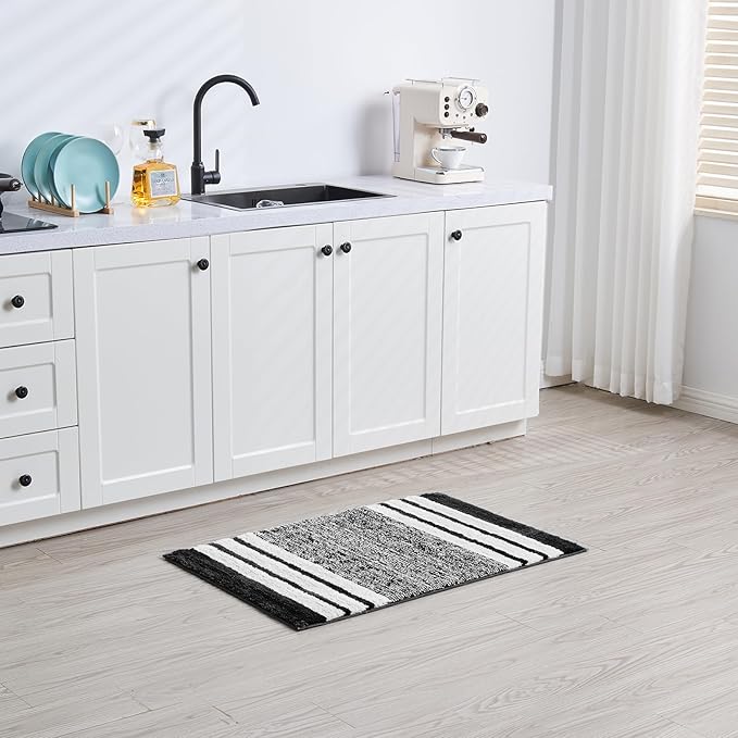 CozeCube Black Striped Bath mats for Bathroom Non Slip, Fluffy Absorbent Microfiber Bath mat Washable, Aesthetic Bathroom Rugs, Cute Bath mat for Sink, 20" x 32"