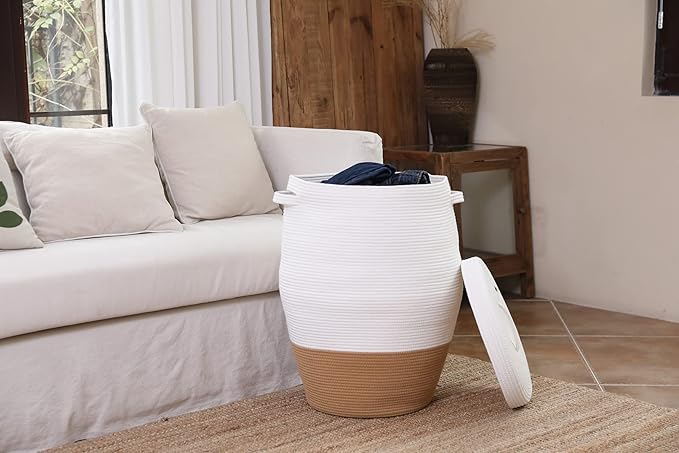 26" x 20" Tall Extra Large Storage Basket with Lid, Cotton Rope Storage Baskets, Woven Laundry Hamper with Cover, Cloth Storage Bin, for Clothes Towels Blanket in Living Room, White/Camel Bottom