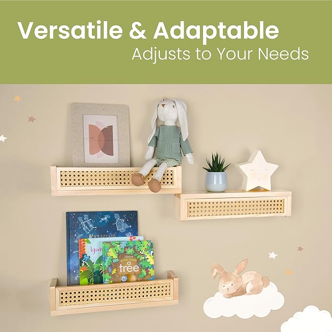 Rattan Floating Shelf Set of 3, Nursery Book Shelves for Wall Decor in Boho Style, Wall Shelf for Kids, Baby Bookcase for Nursery, Floating Book Shelves for Playroom, Wicker Wall Shelf