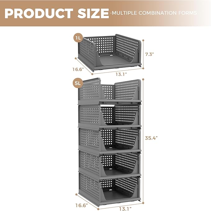 Pinkpum 5 Pack Folding Closet Organizers - Stackable Plastic Drawer Basket for Clothing, Shelf Storage Container for Closet, Wardrobe, Bedroom, Bathroom, Office (Black)