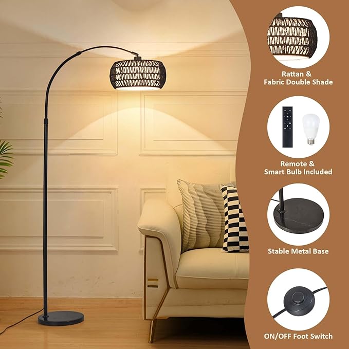Arc Floor Lamp with Remote App Control Natural Rattan 100% Hand-Woven Dimmable Boho Rattan Floor Lamps with 3 Color Temperature Floor Lamps for Living Room Bedroom Offices(Black)