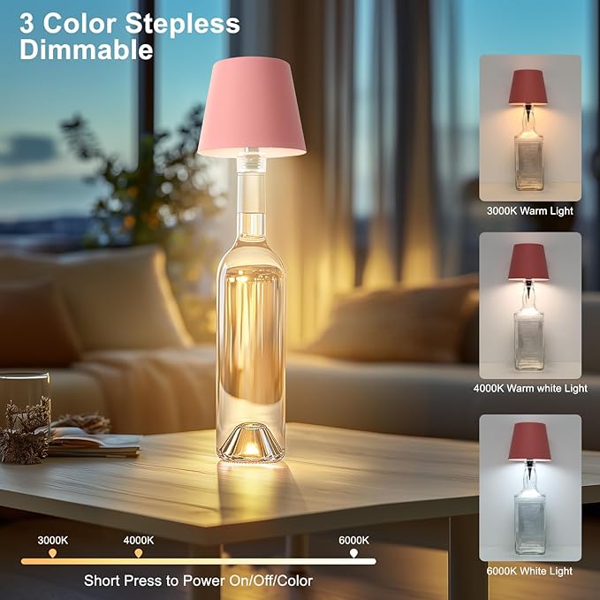 Wine Bottle Lamp, 2025 New 3 Color Rechargeable Wireless Bottle Lamp for Liquor Bottles with Touch Dimming for Parties, Restaurants & Home Decor (Pink)